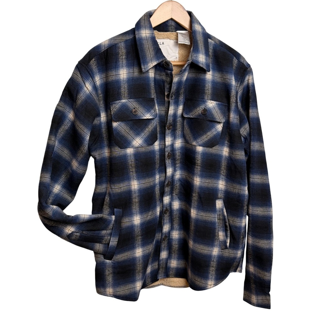 FF.LA Sherpa Lined Flannel Shirt Shacket L Blue Black Plaid Cabin Rugged Winter